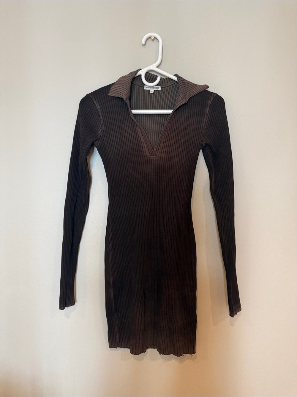 Cotton Citizen Dark Brown Ribbed Long Sleeve Collared Dress